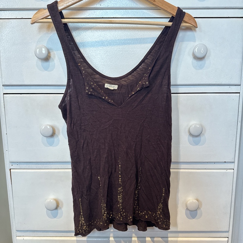 Aerie Brown Sleeveless Top with gold sequin details